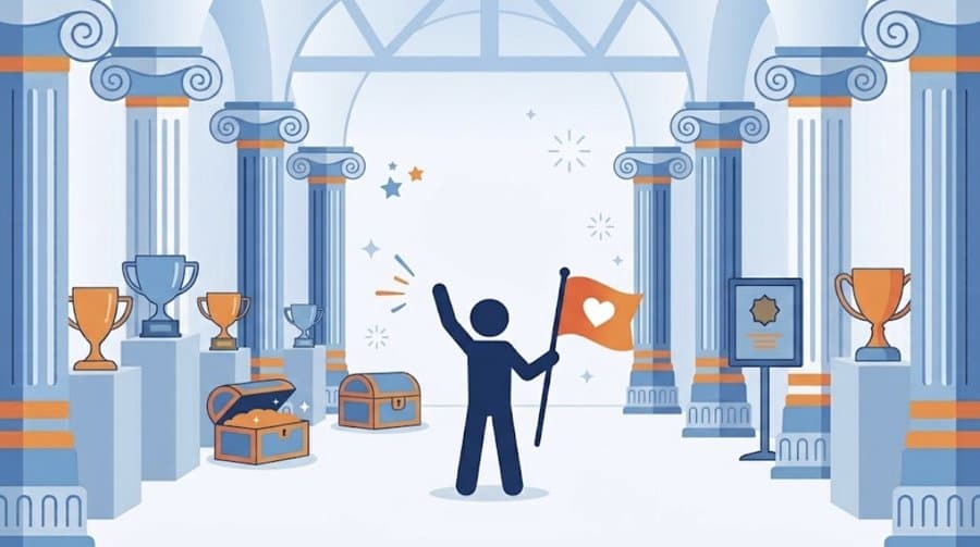 A hall of trophies and treasure chests, with a player raising a heart flag